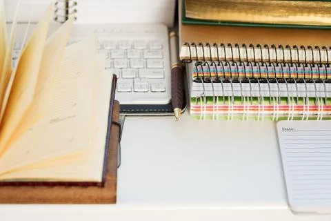 Office desk table with computer, supplies. Copy space for text Stock Photos