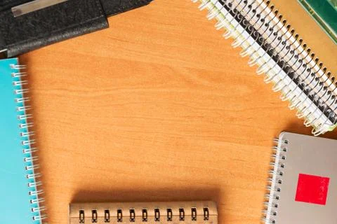 Office desk table with computer, supplies. Copy space for text Stock Photos