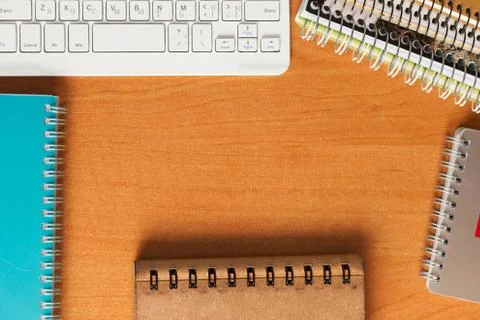 Office desk table with computer, supplies. Copy space for text Stock Photos