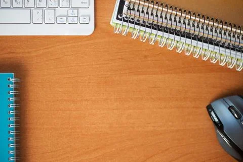 Office desk table with computer, supplies. Copy space for text Stock Photos