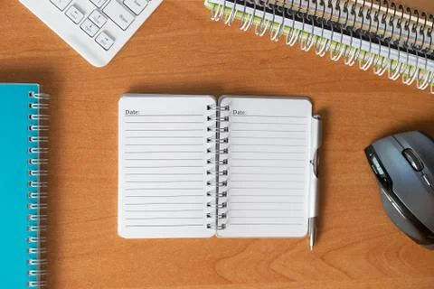 Office desk table with computer, supplies. Copy space for text Stock Photos