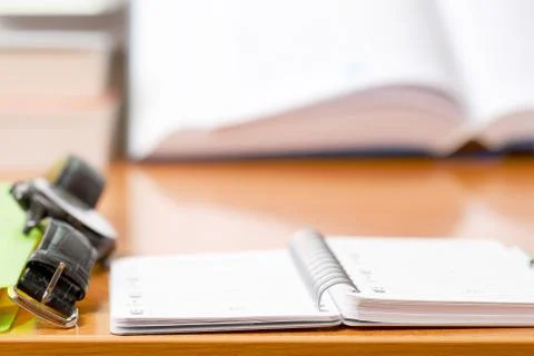 Office desk table with computer, supplies, flower. Copy space for text Stock Photos