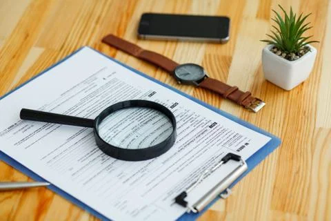 Office desk table with computer, supplies and plant Stock Photos
