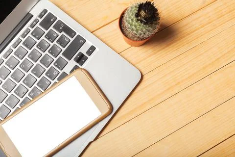 Office desk table with computer, supplies 스톡 사진