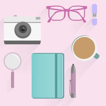 Office desk table flat design. Top view Eps10 vector template. Stock Illustration