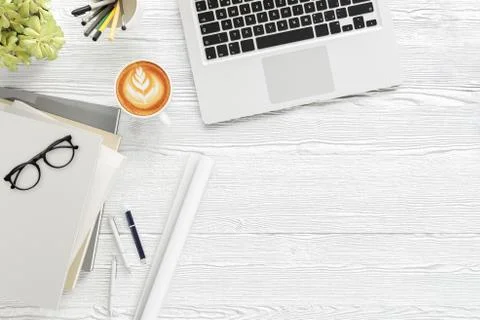 Office desk table with labtop computer,blank magazine smart phone ,eyeglasses Stock Illustration
