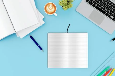 Office desk table with labtop computer,blank magazinesmart phone and coffee cup Stock Photos