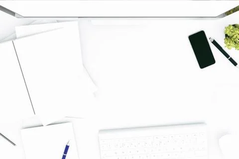 Office desk table with labtop computer,blank magazinesmart phone and coffee cup Foto stock