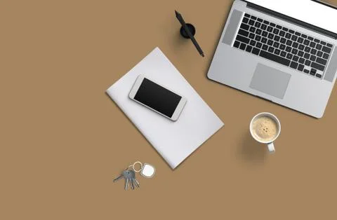 Office desk table with laptop computer, smartphone with black screen over a Stock Illustration