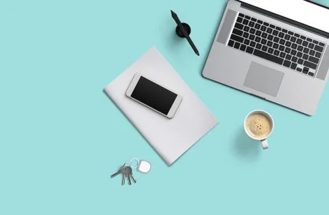 Office desk table with laptop computer, smartphone with black screen over a イラスト素材