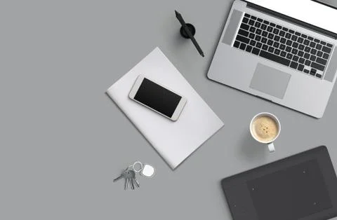 Office desk table with laptop computer, smartphone with black screen over a Stock Illustration
