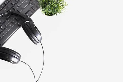 Office Desk Table with Supplies. Flat lay. Copy space 스톡 사진