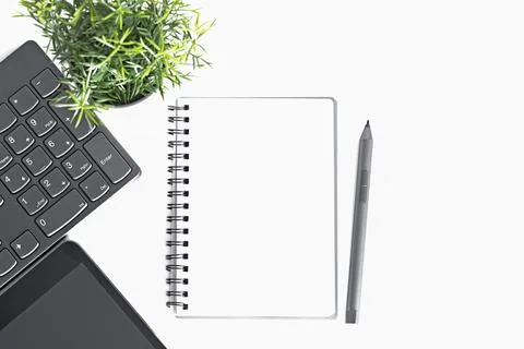 Office Desk Table with Supplies. Flat lay. Copy space 스톡 사진