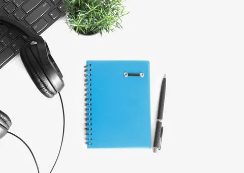 Office Desk Table with Supplies. Flat lay. Copy space 스톡 사진