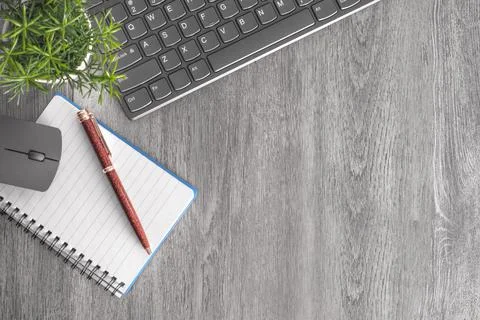 Office Desk Table with Supplies. Flat lay. Copy space 스톡 사진