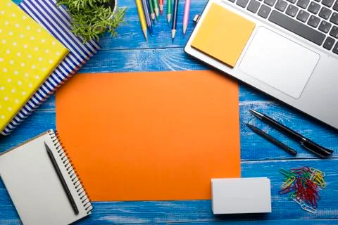 Office desk table with supplies. Top view. Copy space for text Stock Photos