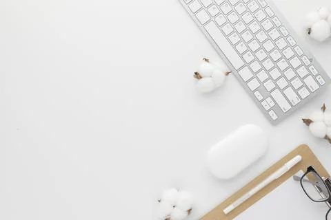 Office desk table top view with office supply, white table with copy space, W Stock Photos