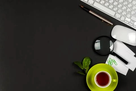 Office desk table with white computer, supplies. Top view with copy space Stock Photos
