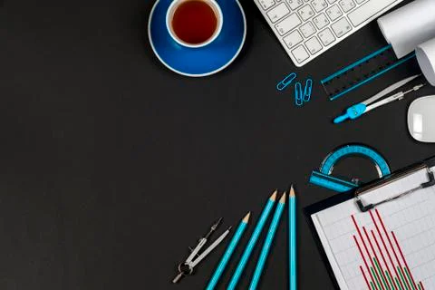 Office desk table with white computer, supplies. Top view with copy space Stock Photos