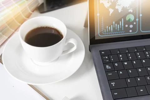 Office Desk Table,Worktable top view,working table with a cup of black coffee Stock Illustration