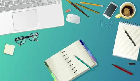 Office desk top view. Vector background image.Table. Supplies. Creative desk, Stock Illustration