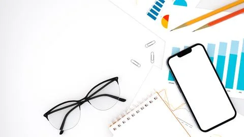 Office desk workplace with notepad, charts, smartphone, glasses and pencils.. Stock Illustration