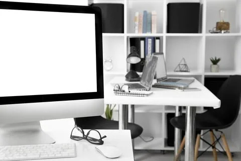 Office desks with computer screen laptop Stock Photos
