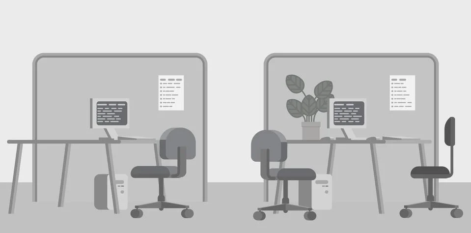 Office Desks Flat Background Interior Cartoon Illustrazione stock