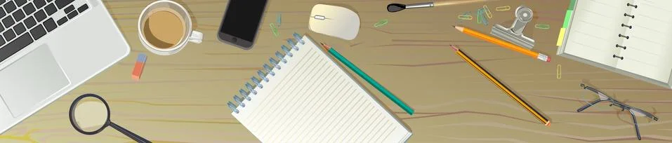 Office desktop computer. Desk top view background vector. Supplies. Workplace Stock Illustration