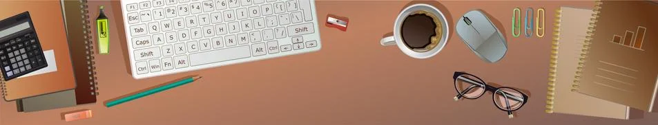 Office desktop computer. Desk top view background vector. Supplies. Workplace Stock Illustration