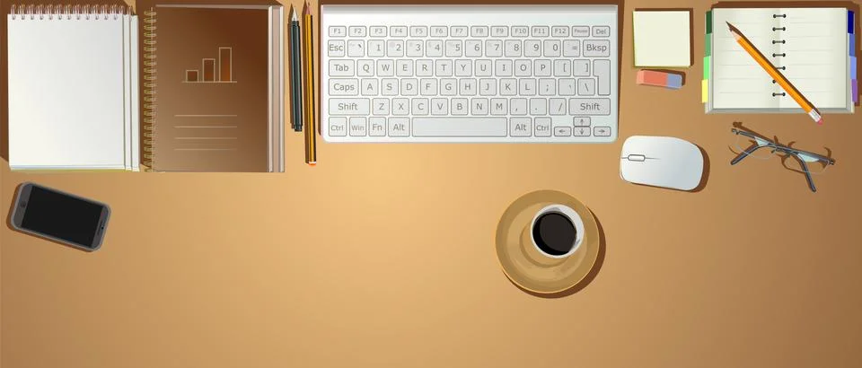 Office desktop computer. Order. Desk top view background vector. Supplies. Wo Stock Illustration