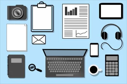 Office desktop with some technology and paperwork objects. Stock Illustration