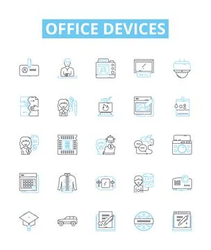 Office devices vector line icons set. Printers, Copiers, Computers, Monitors Stockillustratie