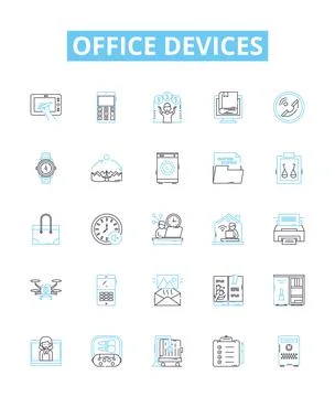 Office devices vector line icons set. Printers, Copiers, Computers, Monitors Stock Illustration