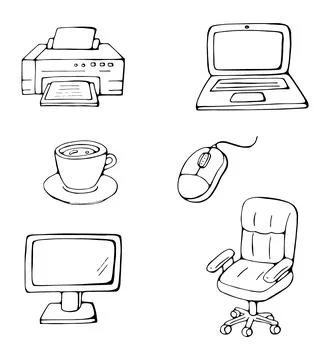 Office devices workspace printer laptop computer doodle illustration set Stock Illustration