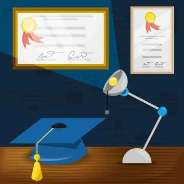 Office with diplomas and study tools 库存插图