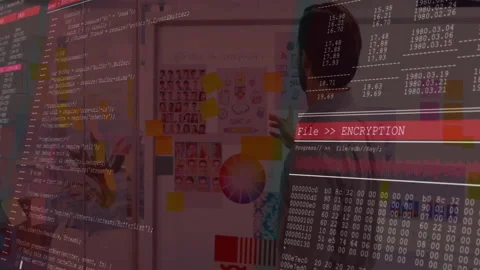 In office, diverse team brainstorming with animation of computer code and Stock Footage 303840396