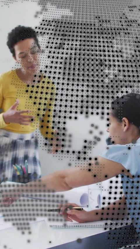 In office, diverse team collaborating on animation with digital world map Stock Footage 344244820