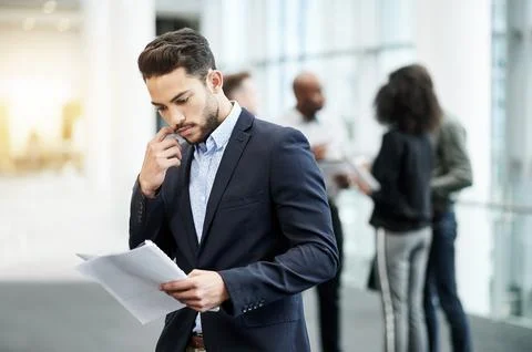 Office, document and reading with businessman for convention, schedule or event Stock Photos