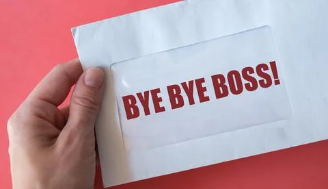 Office document in envelope with handwritten text BYE BYE BOSS, concept of .. Stock Photos