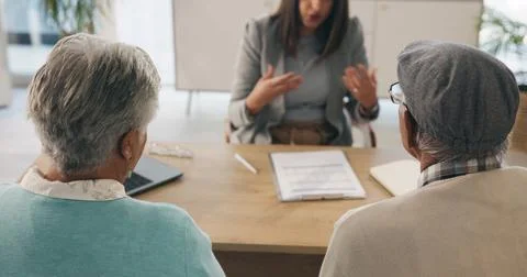 Office, document or old couple with consultant for appointment, will planning or Stock Photos