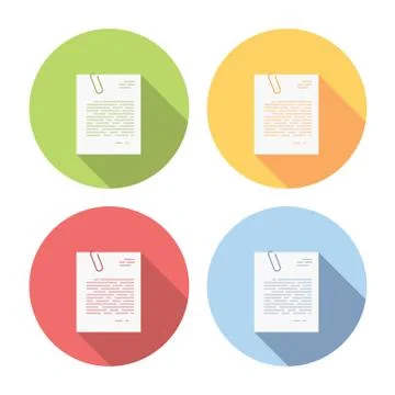 Office Document With Paper Clip Flat Icons Set Stock Illustration