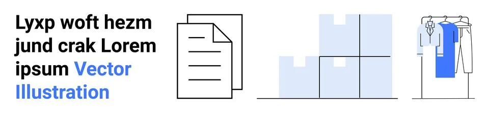 Office document with text, stacked boxes, and a clothing rack with hanging ga 库存插图