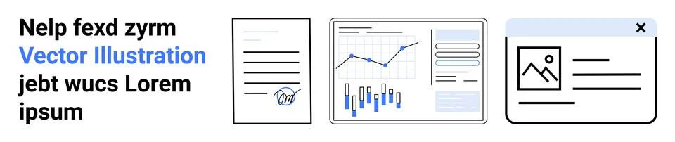 Office documents, analytics dashboard with graphs, browser window. Ideal for  스톡 일러스트