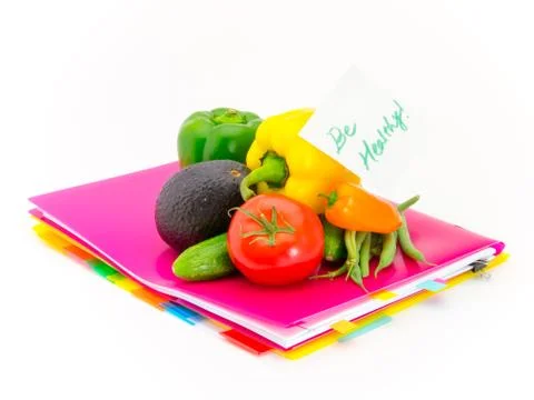 Office Documents and Vegetables; Be Healthy Stock Photos