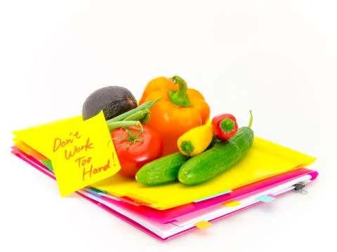 Office Documents and Vegetables; Don't Work Too Hard Stock Photos