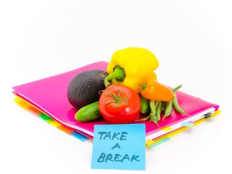 Office Documents and Vegetables; Take a Break Stock Photos