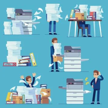 Office documents copier. Printer printing office papers, man with broken Stock Illustration