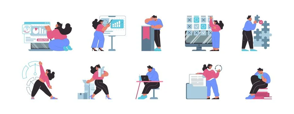 Office dynamics set. Data analysis, strategic planning Stock Illustration