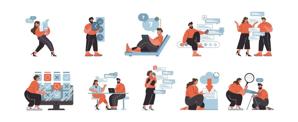 Office dynamics set. Teamwork and daily tasks in a business environment. Stockillustratie